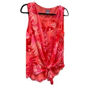 Chico's Women 2 (12-14) Tunic Top Orange Polyester Tropical Palm Print Tie Front